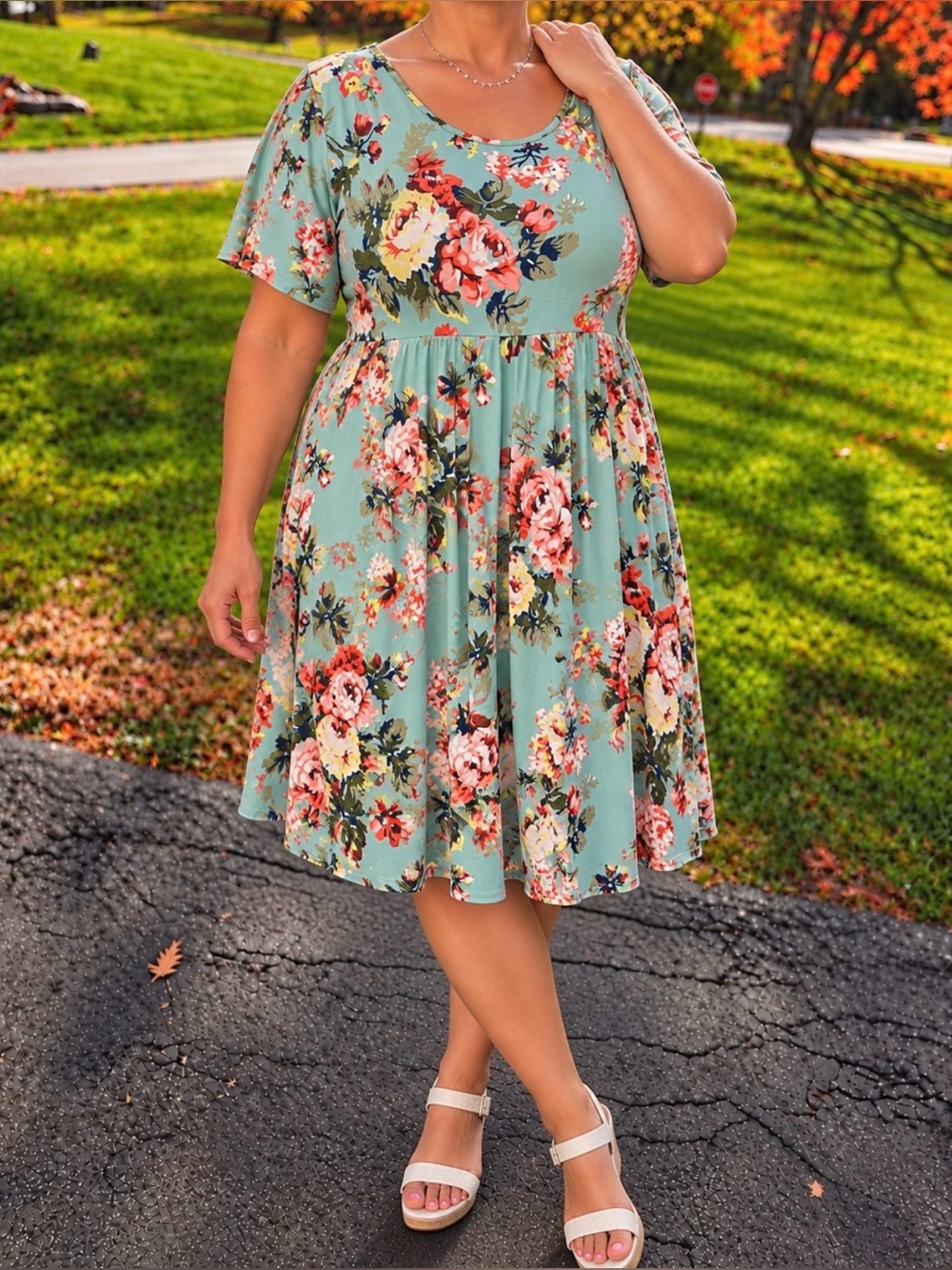 Floral Scoop Neck A-Line Dress in Mint